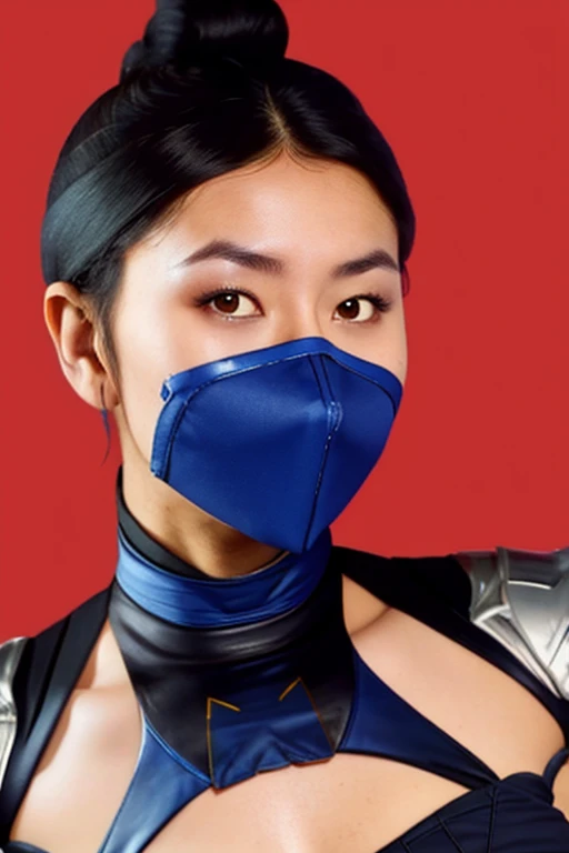 masterpiece, best quality, 1girl, kitana, mouth mask, black hair, hair bun, medium ass,small breast,yellow eyes, dark skin, shoulder armor, cleavage cutout, closeup, sketch, solo, simple background,kiss into camera,mouth mask,eyes close