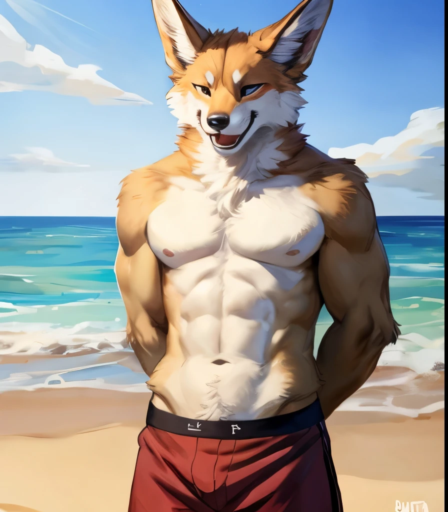 (solo,furry,anthro,hyper realistic), male, standing, smirk, smug, wide open mouth, laughing, closed eyes, head up, arms behind back, wearing ((dark red)) boxer shorts, front view, muscular body, realistic fur, full body shot, Fennec, beach, blurred background, by bebebebebe:1.2, by buta99, by foxovh, by ruan jia