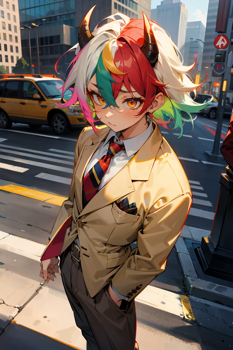 Rainbow Messy Hair ,Multicolored Hair, Golden Eyes, Bull Horns , Undercut Hair , Tan Skin , Grey Blazer with a White button up and red tie , Dark Green Slacks , Modern City Background , Standing on sidewalk , Hair over eyes