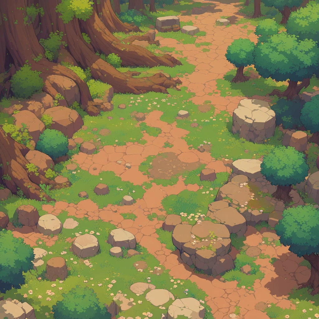 retro video game style,pixelated pastel colors,8-bit characters,blocky shapes,sharp lines,detailed shading,classic gaming vibe,nostalgic atmosphere,classic arcade games,masterpiece:1.2,ultra-detailed,illustration style, 2d texture, clay texture, stone texture, 4 k seamless mud texture, video game texture, dirt texture, tileset, game tiles, clay material, flat texture, grass, trees, rock texture, rocky ground, forest, topdown view, game texture, game art, ground very detailed, dirt, floor texture, tileable texture, flowers, bushes, shrubs, intricate ground stone, top down view, 3/4th perspective