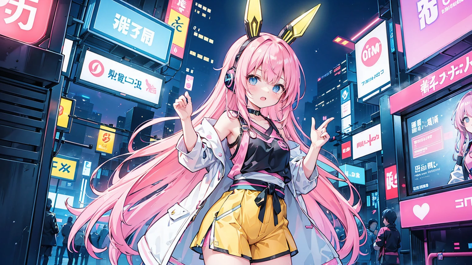 masterpiece, best quality, very aesthetic, absurdres, newest,1girl,naked_shirt, pussy_hair, ,Yae Miko,Yae Miko(genshin impact), long pink hair, fox ears , purple eyes, a large gold ornament,,,Cyberpunk City, Street, Night, neon light, neon sign,