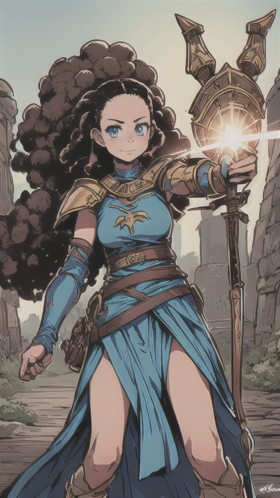 Anime, medieval fantasy style. A Girl, 25 years old, royal knight, Paladin silver armor, beautiful but severe face, detailed face, dark skin:0.8, light blue eyes, detailed eyes, African American, semi-updo blonde afro hair, detailed body, fantasy shield in the left hand, sword long in the right hand, simple battlefield background, dynamic combat pose, tense expression, full body. Detailed character, extreme attention to detail, close-up shot of the character.