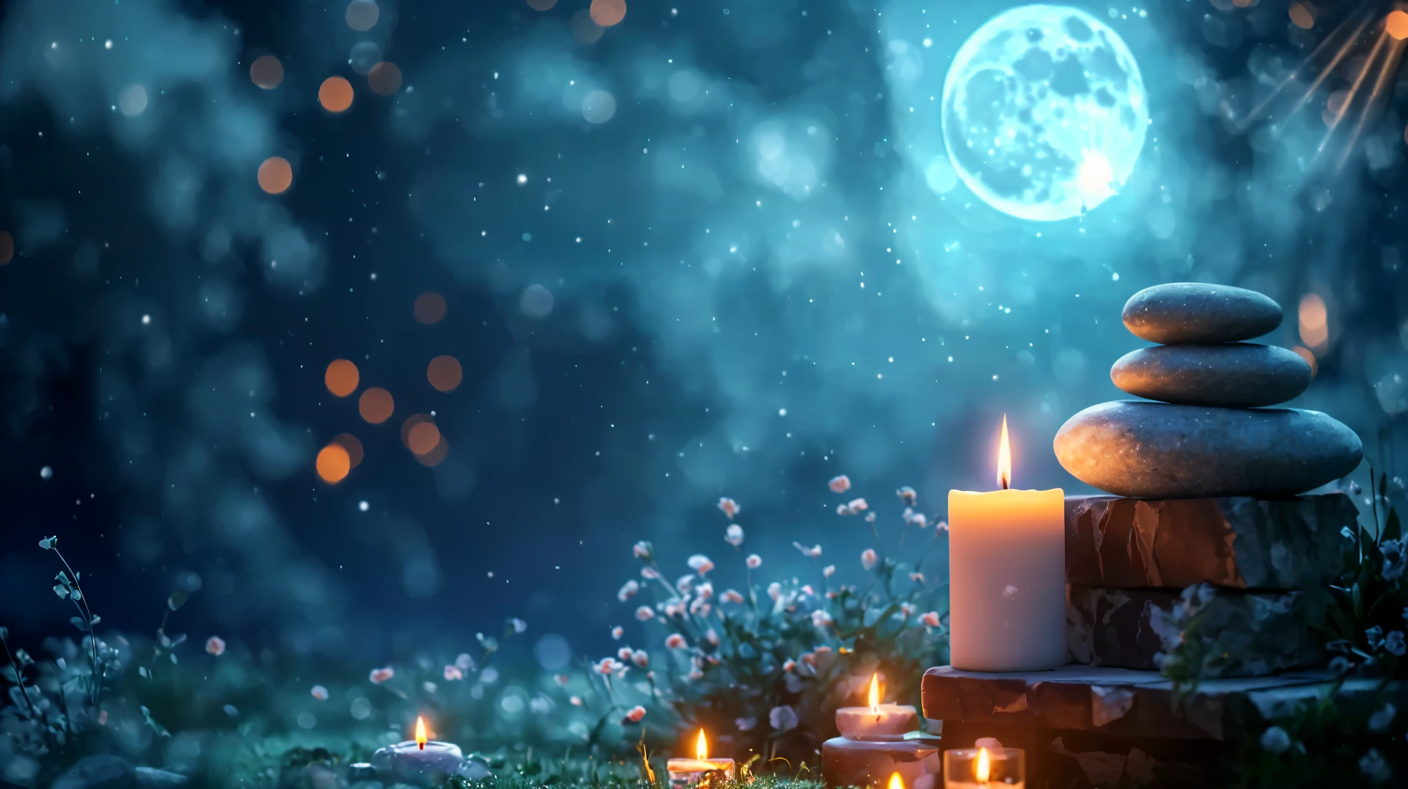 There is a candle and a stone on the table on the grass, night with Moon and candle, Moon and candle, Dreamy atmosphere of a moonlit night, Magic Background, Background artwork, Magical atmosphere, Moonlit Starry Sky Environment, Moonlight on top background, Beautiful Wallpapers, Candlelight, Sweet Night Ambient, Magical Scene, Peaceful atmosphere, Moonlight Background, Night Background