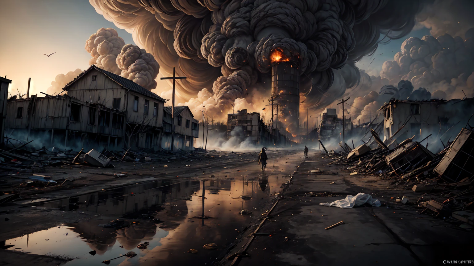 (apocalyptic desolated landscape), city destroyed in ruins, fire, war, houses burning,  panicked, extermination, grim reaper, skeletons, skulls, sadness, blood on the floor,  acid rain, smoke, end of the world, rats, dump, trash, cars in fire, buildings destroyed, fallout, antigas masks, many crosses, tombs, crosses, graveyards, cemetery, (very detailed), (medium shot):1.2, (standing):1.2, legs, mutants, nuclear explosion, bombs, radioactivity, radiation, sand, storm, wind, dirty puddle, mud, best quality, realistic, sharp focus,  grey sky, natural light, backlight, shadows, high contrast, hdr,  reflections, ugly,  