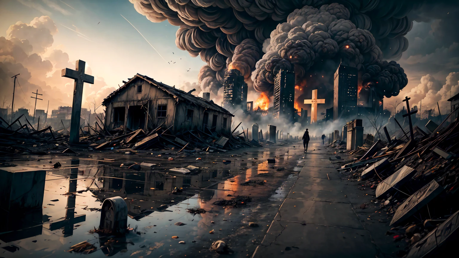 (apocalyptic desolated landscape), city destroyed in ruins, fire, war, houses burning,  panicked, extermination, grim reaper, skeletons, skulls, sadness, blood on the floor,  acid rain, smoke, end of the world, rats, dump, trash, cars in fire, buildings destroyed, fallout, antigas masks, many crosses, tombs, crosses, graveyards, cemetery, (very detailed), (medium shot):1.2, (standing):1.2, legs, mutants, nuclear explosion, bombs, radioactivity, radiation, sand, storm, wind, dirty puddle, mud, best quality, realistic, sharp focus,  grey sky, natural light, backlight, shadows, high contrast, hdr,  reflections, ugly,  