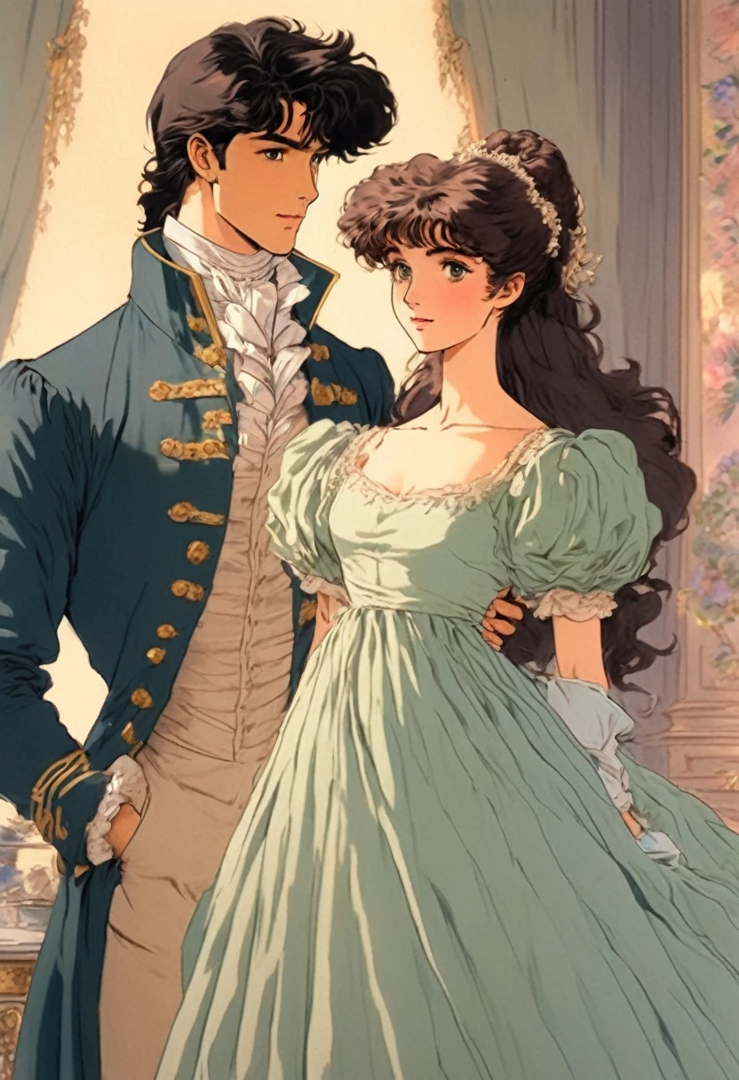 best quality, masterpiece , a very retro vintage kinda look feel 8K,High HD,higher rselutionHigh quality very anime semi realism  Show a very English regency period young handsome looking couple male anf female show woman in noeclassical loose kinda thin kinda almost greco romanesque style dress with high waist short kind somewhat puffed sleeves in pastel shades and colors with a very regency period looking young man dashing kinda rakish very dark night dark hair haired even very kinda Bridgerton/Jae Austen kinda looks feels in Regency England drawing room settings classical British look feels with  female womenempre high waisted detailed dresses
