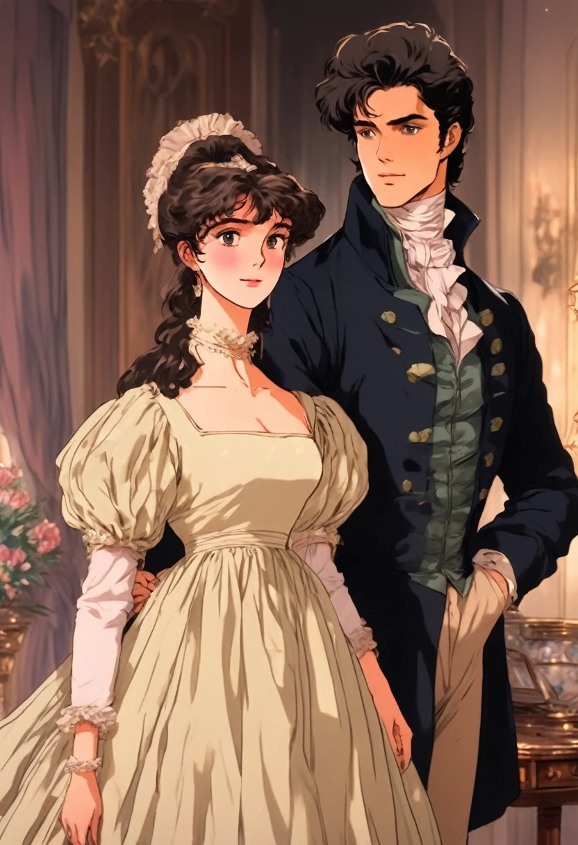 best quality, masterpiece , a very retro vintage kinda look feel 8K,High HD,higher rselutionHigh quality very anime semi realism  Show a very English regency period young handsome looking couple male anf female show woman in noeclassical loose kinda thin kinda almost greco romanesque style dress with high waist short kind somewhat puffed sleeves in pastel shades and colors with a very regency period looking young man dashing kinda rakish very dark night dark hair haired even very kinda Bridgerton/Jae Austen kinda looks feels in Regency England drawing room settings classical British look feels with  female womenempre high waisted detailed dresses