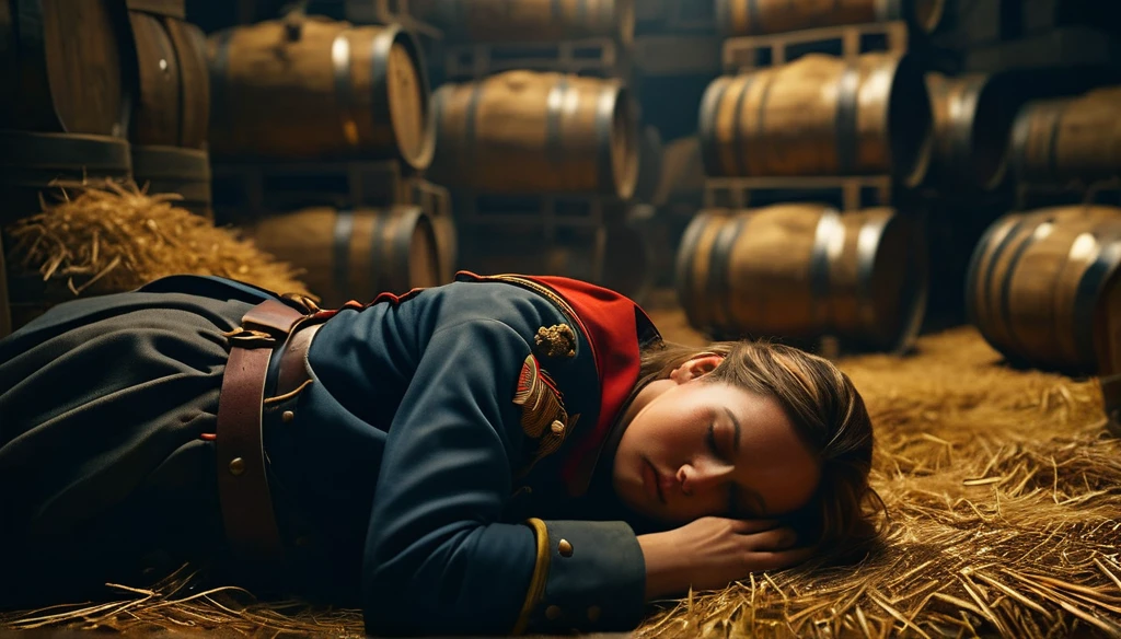 Overhead shot from above, Napoleon's beautiful female soldier falls asleep on haystacks inside logistic room, surrounded by barrels and crates, and hayes, background dark, hyper realistic, ultra detailed hyper realistic, photorealistic, Studio Lighting, reflections, dynamic pose, Cinematic, Color Grading, Photography, Shot on 50mm lens, Ultra-Wide Angle, Depth of Field, hyper-detailed, beautifully color, 8k