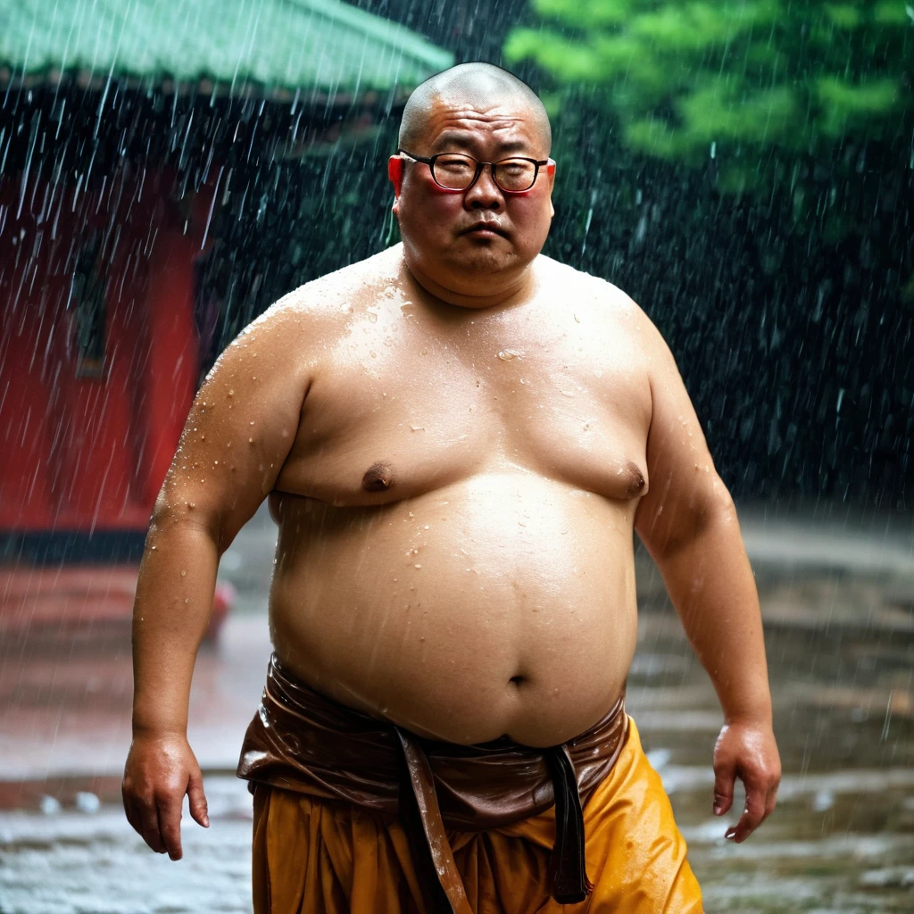 Shaolin Temple monks, Chinese people, fat man, Chubby, 50 years old, wearing glasses, shirtless, shirt off, shirtless, wet from the rain.