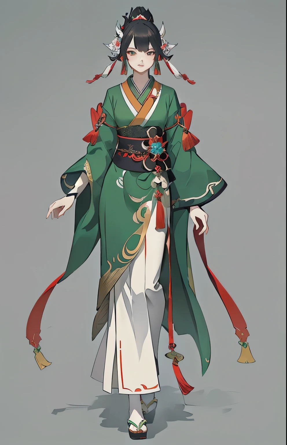 Close-up of people wearing green and red clothing, Onmyoji detailed art, Onmyoji, Beautiful full body concept art, Full body fairy, Onmyoji portrait, palace ， Girl wearing Hanfu, feng zhu concept art, g liulian art style, Keqing from genshin impact, Inspired by Lan Ying