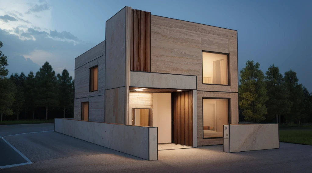 photorealistic, modern house,facade,modern,512k,high detailed, photoreal, award winning, large glass window on the right side, grass, plants, trees, evening, interior lights,(( travertine stone façade))
award winning, extremely detailed,