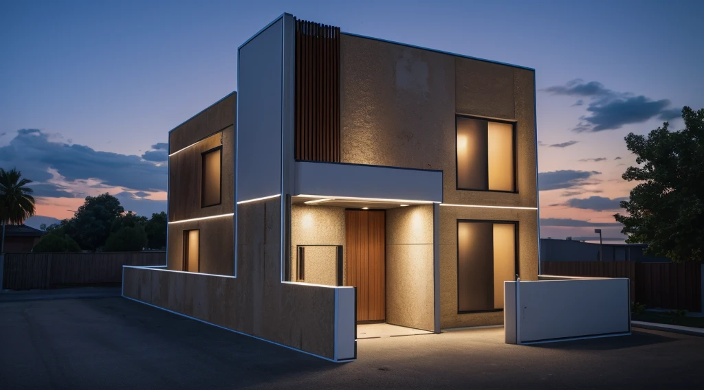 photorealistic, modern house,facade,modern,512k,high detailed, photoreal, award winning, large glass window on the right side, grass, plants, trees, evening, interior lights,(( travertine stone façade))
award winning, extremely detailed,