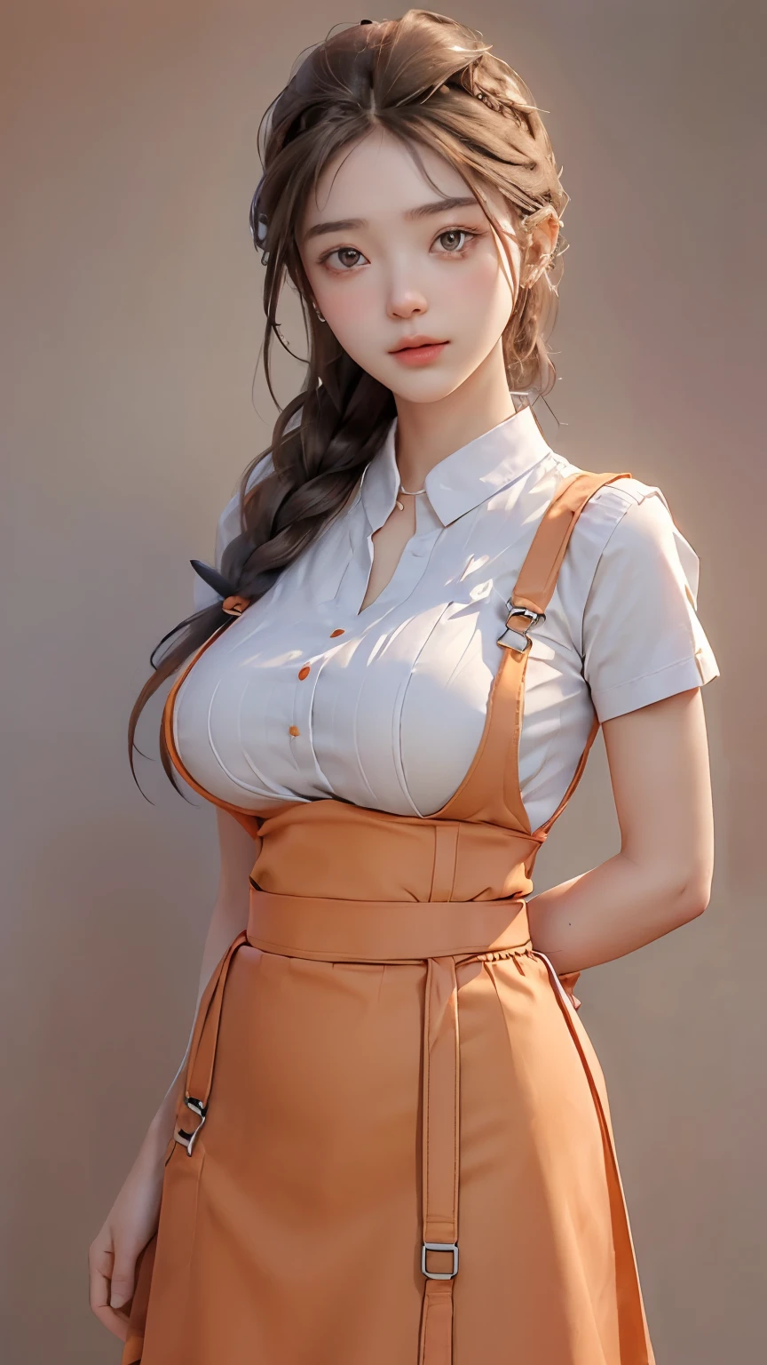 (frombelow:1.4)、((1girl in)),Light Brown Fringe Hair、Braided hair、disheveled hair、Light brown eyes、(dignified expression)、(Big Tits:1.4)、Emphasize the valley、(Photorealsitic)、(intricate detailes:1.2)、(​masterpiece、:1.3)、(top-quality:1.4)、(超A high resolution:1.2)、超A high resolution、(A detailed eye)、(detailed facial features)、(breast hold:1.4)、(Orange Family Restaurant Uniform:1.2), (Orange Suspender Skirt:1.4),(Orange Apron:1.2), (double-breasted,Underbust:1.2), (Orange high-waisted skirt:1.3), (Apron over orange skirt:1.3), (Shirt with white collar:1.2), buttonGap,Short sleeves, nametag, cleavage 