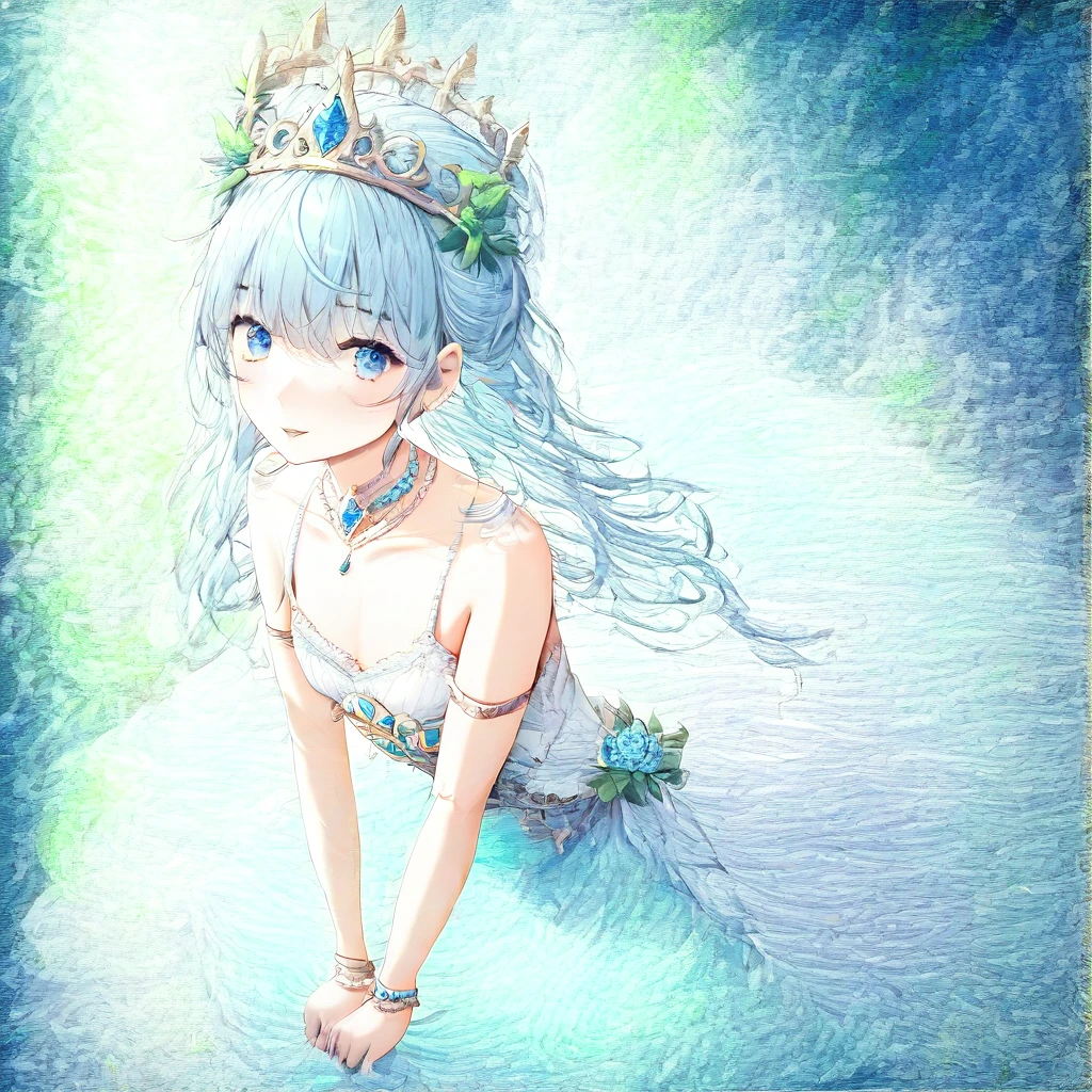 A young prince wearing princess-like attire, looking shyly at the viewer, androgynous beautiful boy, royal costume, soft pastel colors, intricate embroidery, ornate details, delicate lace, lush fabrics, regal setting, elaborate crown, gentle expression, luxurious texture, highly detailed, perfect lighting, (masterpiece: 2), best quality, ultra highres, original, extremely detailed, perfect lighting