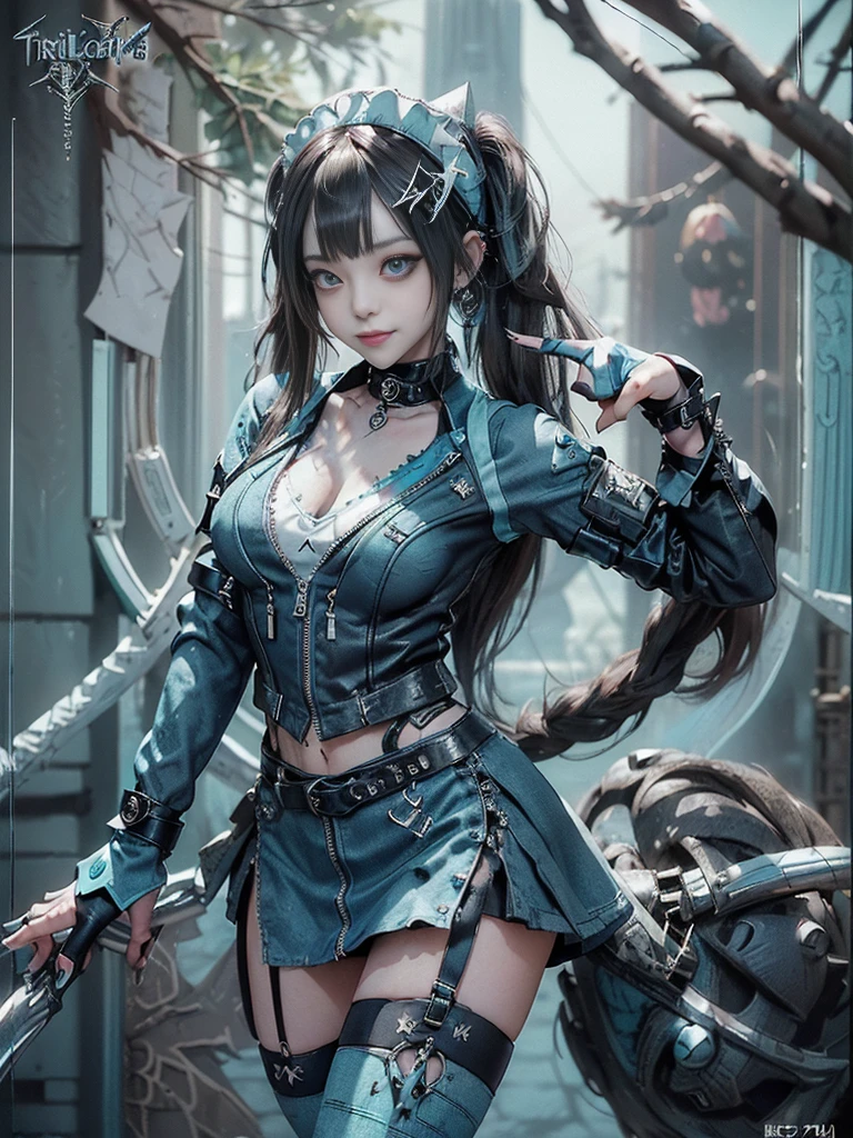 (Full body view:1.4)、(Full Body View:1.3)、(Side view:1.1)、(Smiling with teeth showing:1.3),(Shibuya Gal:1.5)、(Maid café clerk:1.5)、(Punk RockVisual Kei:1.4)、(Turquoise, navy and denim medieval noble zip up:1.5)、(Navy and white arm covers and micro mini skirt:1.5)、(Blue high heels:1.3)、(Wearing silver accessories:1.5)、(Dark brown collar:1.4)、(Leather garter belt:1.4)、(Brown Skin Belt:1.3)、(Black lace underwear:1.5)、20-year-old、NSFW、((Highest quality、In 8K、masterpiece:1.3))、Sharp focus:1.2、(Layered Cut、Huge boobs:1.1),Beautiful woman with perfect figure:1.4、(Doing an aerobics pose:1.3)、Slender Abs:1.2、Highly detailed face and skin texture、Detailed eyes、double eyelid,(Twin tails:1.3)、(Brown Hair:1.3)、Gravure idol、(A fairytale-like cafe with a lush tree background:1.3)、(Slim body:1.3),(Make your legs thinner:1.4),(Thin, thin thighs:1.3)、(clavicle:1.1)