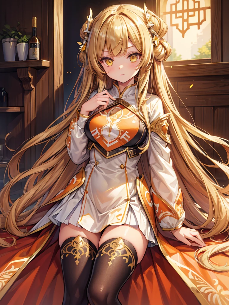 (hime cut:1.4),long hair,(bronde hair:1.4),
embroidery breastplate ,metal accent cape,thighhighs,high_leg,long_bronde_hair,beautiful_hair,yellow_eyes,beautiful_eyes,1_beautiful_girl,cute_face,beautiful_face,beautiful,best_quality,good_anatomy