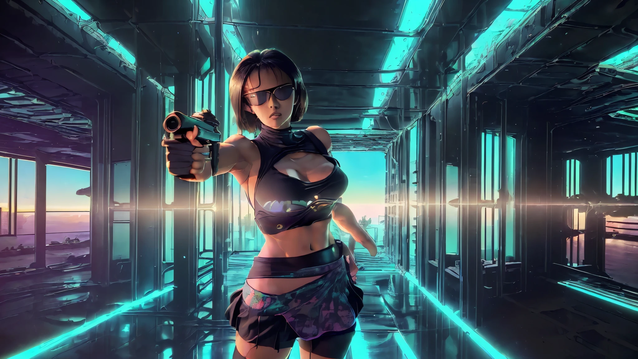retrowavetech, virtual, House, (master part), no deserto, organic architecture, Floresta, Windows. sexy woman, large breast cleavage, tank top, (((miniskirt, black sunglasses, pistol shooting pose, standing, leaning forward))), (((((half-body thigh level medium shot)))))