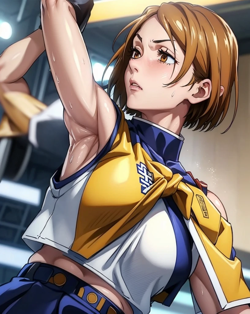 a close up of a person wearing a basketball uniform, a picture, inspired by Kentaro Miura, trending on pixiv, Kugisaki Nobara, Jujutsu Kaisen, wearing yellow nba jersey, yellow croptop nba jersey, wearing a low cut croptop, wearing croptop, croptop, the word "Lakers" on the croptop, golden raito, (winking), shirobako, large)}], favorite scene, fine details. anime. skins, sweating, big breasts, both hands raised, armpits, armpits visible, dripping with sweat, more more sweat, sweaty armpits