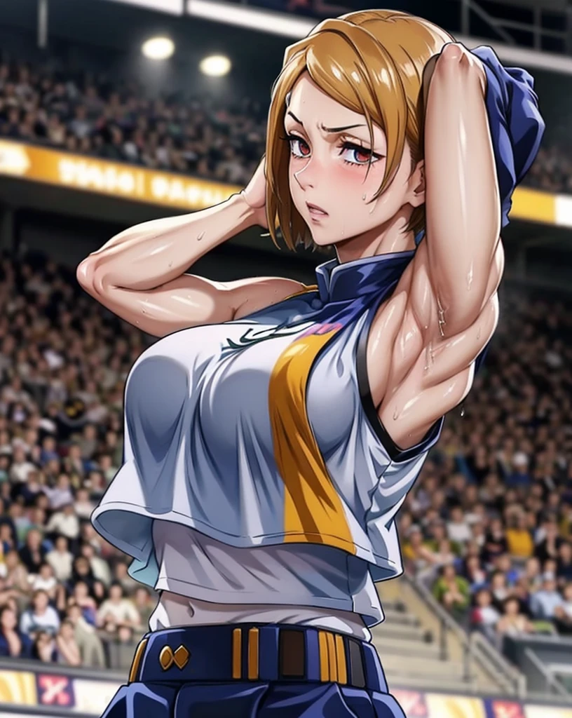 a close up of a person wearing a basketball uniform, a picture, inspired by Kentaro Miura, trending on pixiv, Kugisaki Nobara, Jujutsu Kaisen, wearing yellow nba jersey, yellow croptop nba jersey, wearing a low cut croptop, wearing croptop, croptop, the word "Lakers" on the croptop, golden raito, (winking), shirobako, large)}], favorite scene, fine details. anime. skins, sweating, big breasts, both hands raised, armpits, armpits visible, dripping with sweat, more more sweat, sweaty armpits