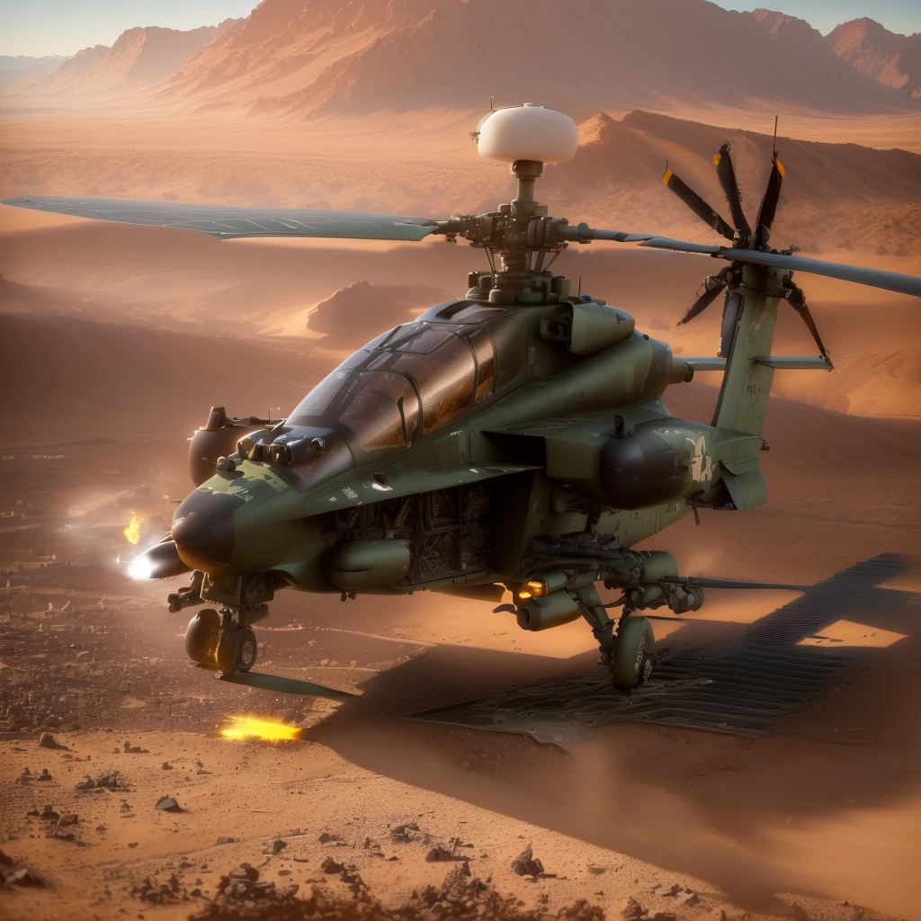 arafed helicopter sitting on the ground in the desert, closeup portrait shot, a wide full shot, detailed wide shot, close portrait, profile shot, portrait shot, bottom angle, closeup shot, high angle close up shot, angled view, middle close up shot, high detail shot, medium close-up shot, close angle, close up angle, scenic full shot the next generation of AH Apache attack helicopter, no cockpit/extra cannon stealth, active camoflauge/ablative armor, point defense lasers, fire and forget , over-the horizon capabilites, futuristic scifi, perfect masterpiece, exquisite detail, perfectly imagined sitting in a secret hanger, grounded. Drone, remote attack vehicle