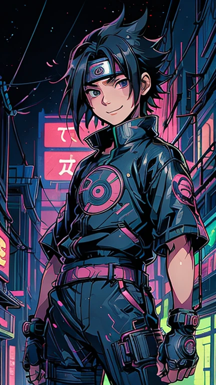 (8k),(masterpiece),(Japanese),(8-year-old boy),((innocent look)),((Childish)),From the front,smile,cute,Innocent,Kind eyes,Flat chest, Uchiha Sasuke,short,Hair blowing in the wind, Black Hair,Strong wind,night,dark, Neon light Cyberpunk Konoha Village 