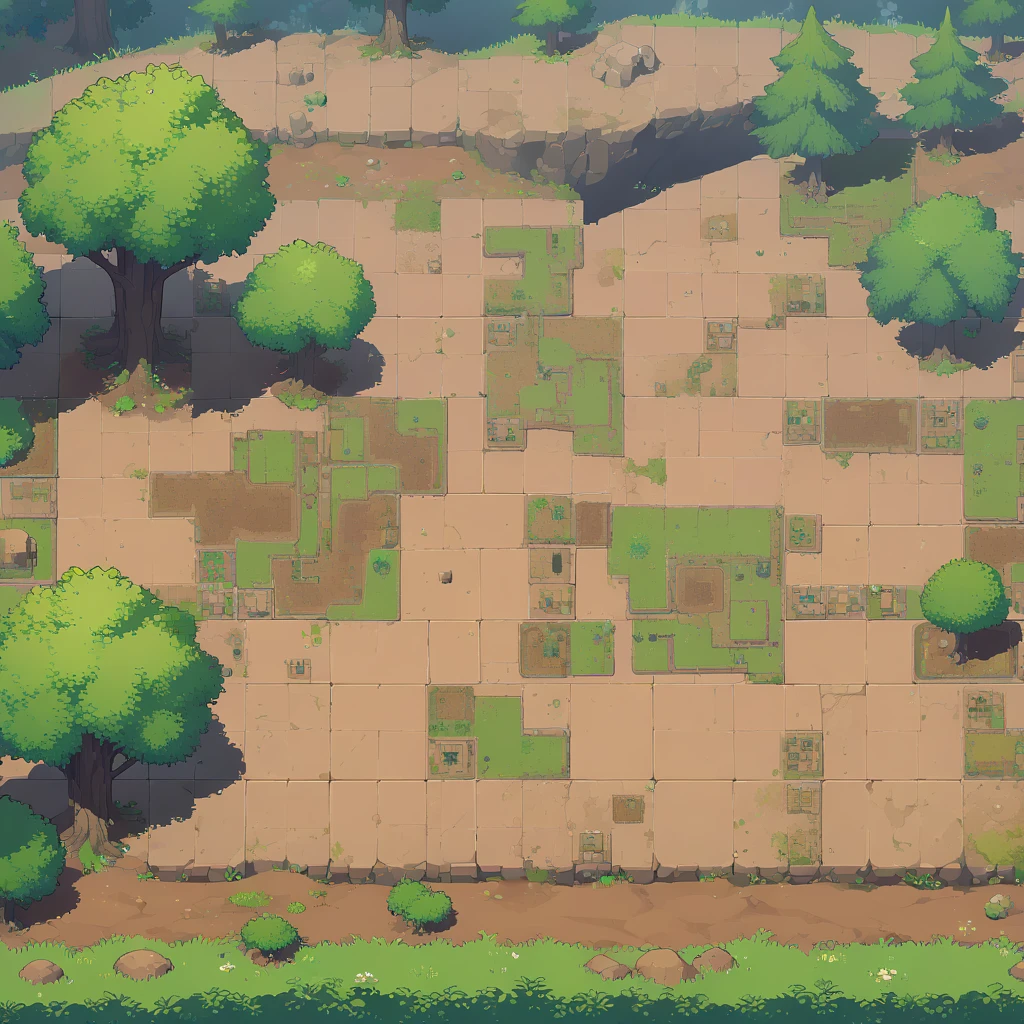 retro video game style,pixelated pastel colors,8-bit characters,blocky shapes,sharp lines,detailed shading,classic gaming vibe,nostalgic atmosphere,classic arcade games,masterpiece:1.2,ultra-detailed,illustration style, 2d texture, clay texture, stone texture, 4 k seamless mud texture, video game texture, dirt texture, tileset, game tiles, clay material, flat texture, grass, trees, rock texture, rocky ground, forest, topdown view, game texture, game art, ground very detailed, dirt, floor texture, tileable texture, flowers, bushes, shrubs, intricate ground stone, top down view, 3/4th perspective