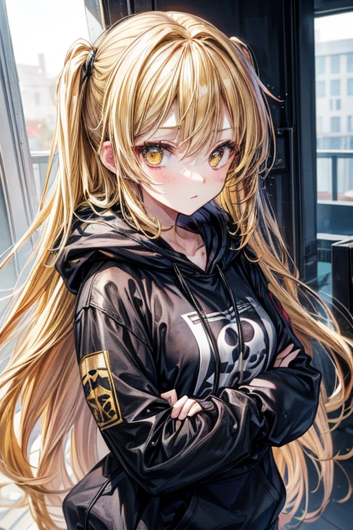 (masterpiece, best quality, perfect face, expressive eyes), 1girl, (anime), long golden blonde hair, black ombre, yellow eyes, hoodie