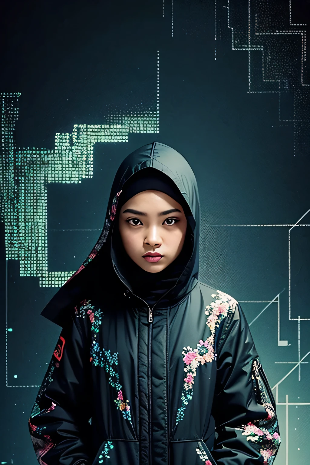 (front focus),(in the dark:1.6),
(masterpiece, top quality, best, official art, beautiful and aesthetic:1.2),(masterpiece, top quality, best quality, official art, beautiful and aesthetic:1.2),(masterpiece, top quality, best quality, official art, beautiful and aesthetic:1.2), 1 malay girl in hijab, glitch art, (digital distortion), pixelated fragments, data corruption,colorful noise, visual chaos,contemporary aesthetics