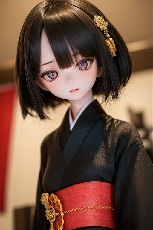 photorealistic, realistic photo, ((highest quality)), ((masterpiece)), (extremely detailed), kukolnydom, doll, (mature woman, 22yo, 22 years old:1.6), solo, ((upper body, seiza, skinny, slender, slim, parted lips, black kimono, black hair, kanzashi)), green eyes, (looking down, blank eyes, empty eyes, detailed eyes, detailed face:1.3), obi, Japanese room, 8k