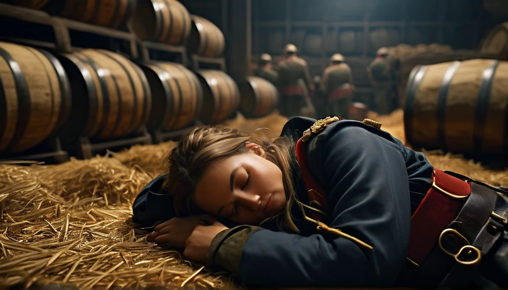 Overhead shot from above, Napoleon's beautiful female soldier falls asleep on haystacks inside logistic room, surrounded by barrels and crates, and hayes, background dark, hyper realistic, ultra detailed hyper realistic, photorealistic, Studio Lighting, reflections, dynamic pose, Cinematic, Color Grading, Photography, Shot on 50mm lens, Ultra-Wide Angle, Depth of Field, hyper-detailed, beautifully color, 8k