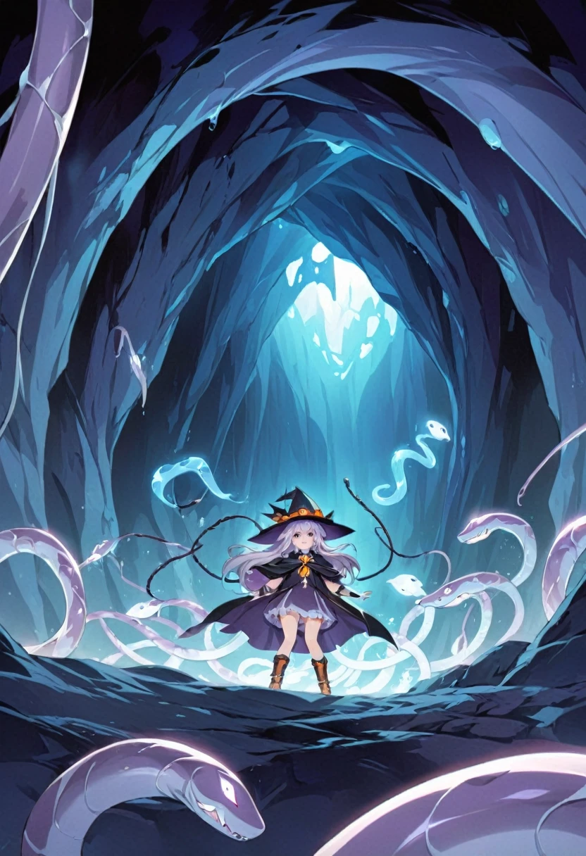 A girl in a cave is a powerful witch surrounded by ghost snakes