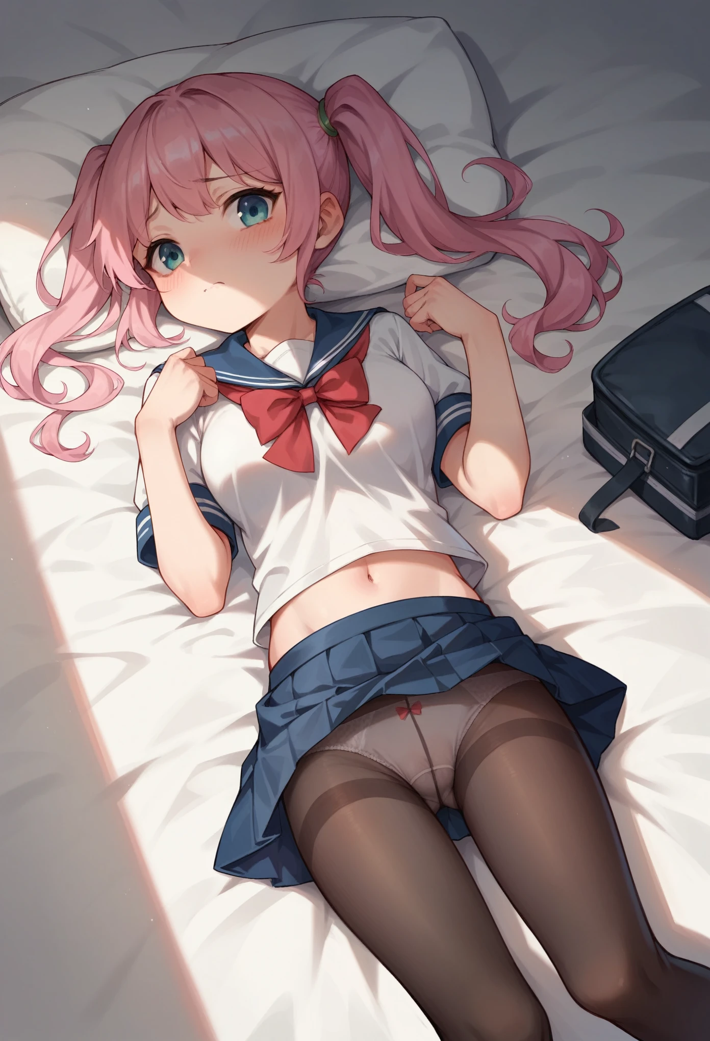 black pantyhose,,sailor,skirt,cute,lying,,pink hair,twintails,,shy,medium breasts,panties under pantyhose