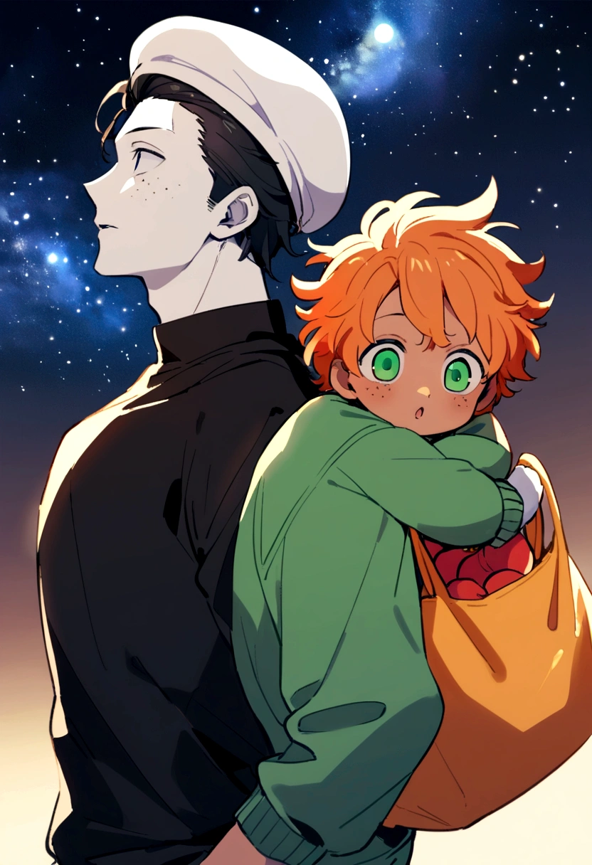 1 chico , cheered up , from onepiece , looking at the sky in amazement ,half body , looking at the stars , short wavy black hair , white skin with slight freckles , neutral eyes without shine royal blue color , black shirt , gray open sweater , white cap with small gold stones on the sides , next to 1 boy with long orange hair , amazed look at the sky , carrying a bag , green sweater with plush cap , dark shirt , green eyes , slightly tanned skin