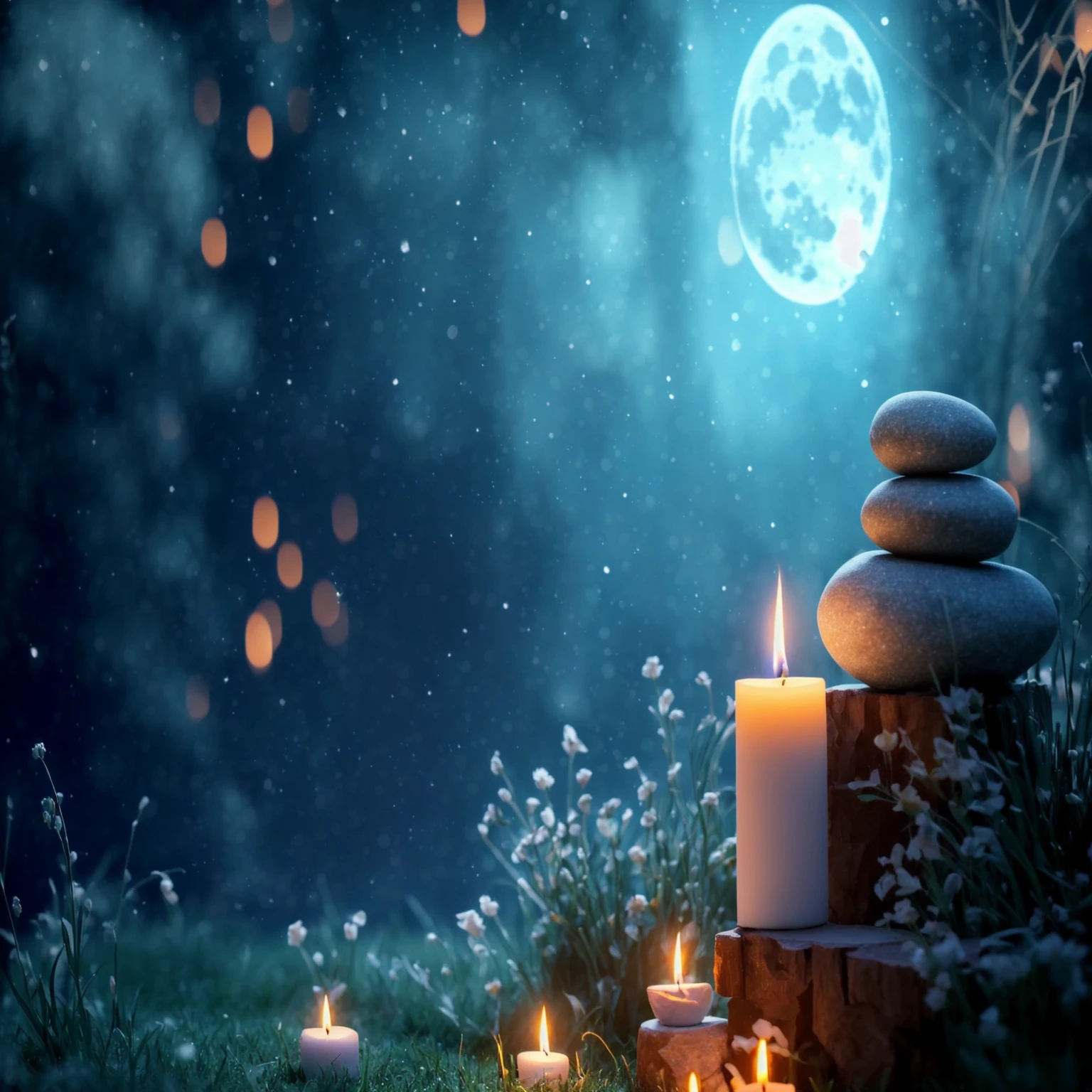 Full moon background、A candle and a stone are lit on the grass, night with Moon and candle, Moon and candle, Dreamy atmosphere of a moonlit night, Background artwork, Magic Background, Sweet Night Ambient, Candlelight, Peaceful atmosphere, Candlelit, Magic fairy background, Moonlit Starry Sky Environment, 心地よいCandlelight, Moonlight on top background