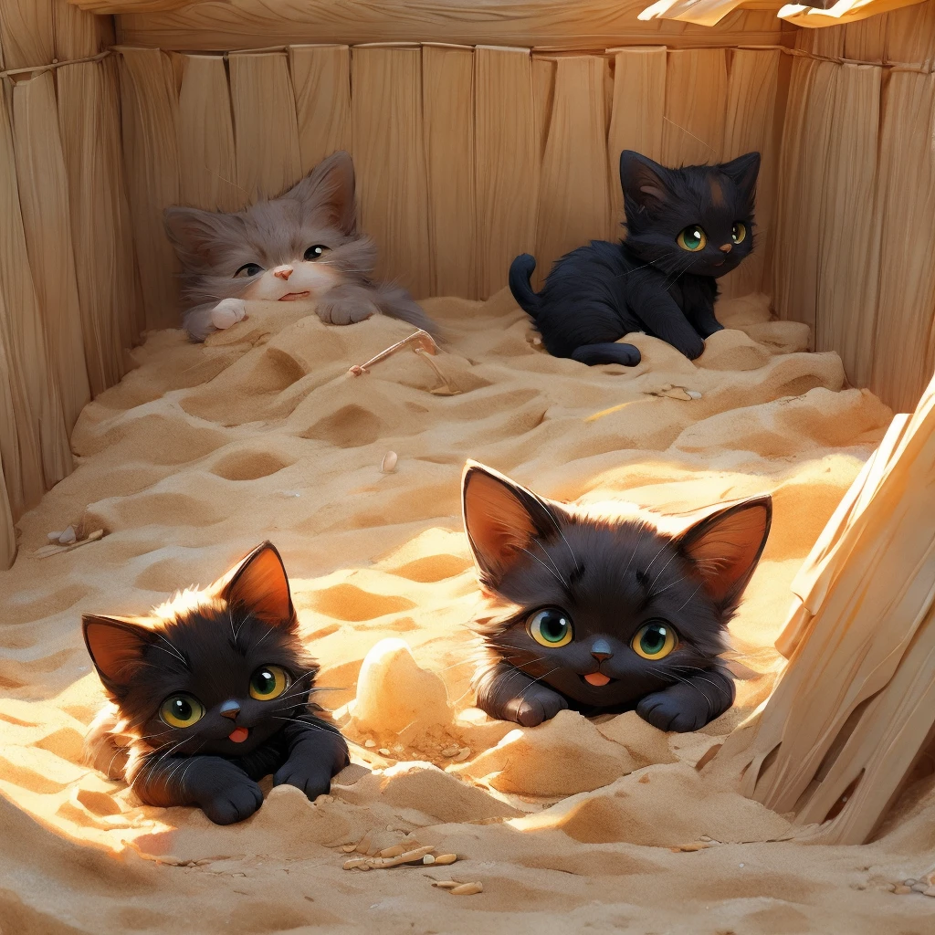 Black cat kitten、Peeing in the sandbox、Put sand on the area where they pee