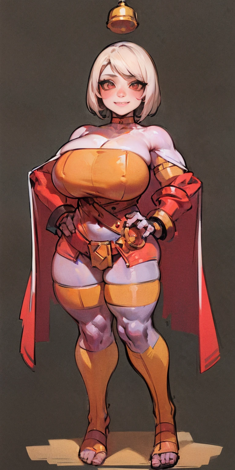 ((BLACK BACKGROUND,1:2, masterpiece)) full body MILF BIMBO standing with two long thighs and two metal sandals, red eyes, two-tone hair, brown hair, silver white hair, short bob style hair, big breasts, cleavage, separate sleeves, tiara royal, long cape up to two feet, yellow bikini, hands on waist, navel, toned body, lustful smirking smiling, smile face (red blushed, red cheeks), metal shoulders, gold sleeveless armbands, black leather choker slave collar (leather choker with big golden bell), shackle bracelets, red crest, pauldrons, breastplate, leather corset, eye focus, full body, whole body, 1solo, loincloth standing, hands on hips, big belt, view from below, feet together, bracers, tiara)
