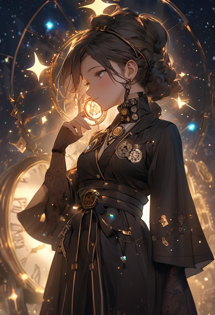 thinking , black steampunk robe , masterpiece , cloudly night full stars , steampunk robe , 1girl , soft light , magic rune mark