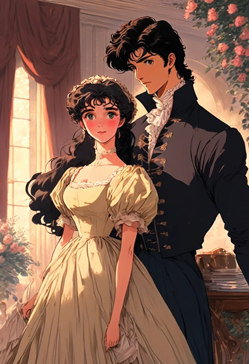 anime style, 1girl braiding a man's long hair, family, happy, cowboy clothes, countryside