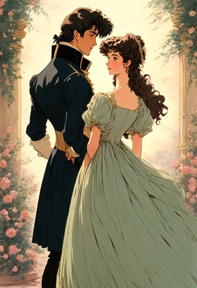 Very best quality, masterpiece , a very retro vintage kinda look feel 8K,High HD,higher rselutionHigh quality very anime semi realism Show a very English regency period young handsome looking couple male anf female show woman in noeclassical loose kinda thin kinda almost greco romanesque style dress with high waist short kind somewhat puffed sleeves in pastel shades and colors with a very regency period looking young man dashing kinda rakish very dark night dark hair haired even very kinda Bridgerton/Jae Austen kinda looks feels in Regency England drawing room settings classical British look feels with female womenempre high waisted detailed dresses