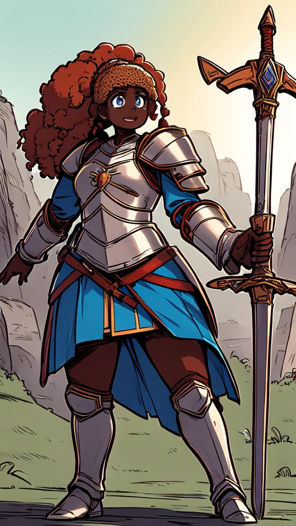 Anime, medieval fantasy style. A Girl, 25 years old, royal knight, Paladin silver armor, beautiful but severe face, detailed face, dark skin:0.8, light blue eyes, detailed eyes, African American, semi-updo blonde afro hair, detailed body, fantasy shield in the left hand, sword long in the right hand, simple battlefield background, dynamic combat pose, tense expression, full body. Detailed character, extreme attention to detail, close-up shot of the character.