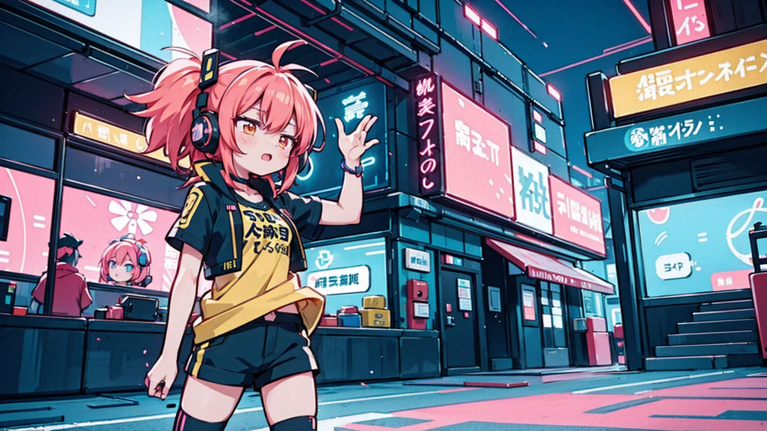 The image depicts an anime-style character, a dynamic female character striking a lively pose with vibrant pink hair accented with yellow highlights. She wears a large ribbon and a headset, sporting a dark-toned top and shorts in a contemporary style. The character harmonizes with the neon sign in the background, illuminated by the neon lights.
The background features multiple neon signs with Japanese characters, illustrating a bright city night scene. The screen displays the word "SPASMODIC," which means "convulsive" in Japanese, adding to the active and energetic atmosphere portrayed through the signs and visual effects. Overall, the image exudes a cyberpunk or futuristic vibe with vivid colors and a dynamic feel.