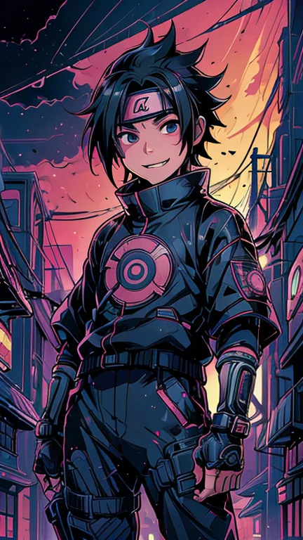 (8k),(masterpiece),(Japanese),(8-year-old boy),((innocent look)),((Childish)),From the front,smile,cute,Innocent,Kind eyes,Flat chest, Uchiha Sasuke,short,Hair blowing in the wind, Black Hair,Strong wind,night,dark, Neon light Cyberpunk Konoha Village 