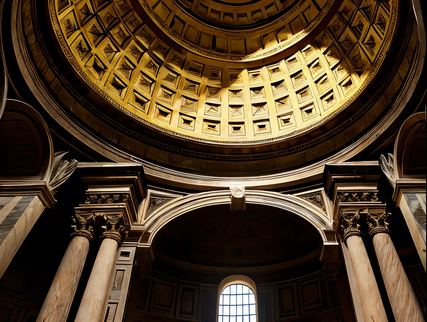 dome of the pantheon, ancient roman architecture, intricate details, ornate columns, dramatic lighting, photorealistic, 8k, hyperrealistic, chiaroscuro lighting, warm color tones, high contrast, detailed textures, ornate decorative elements, grand and majestic, atmospheric, cinematic, masterpiece