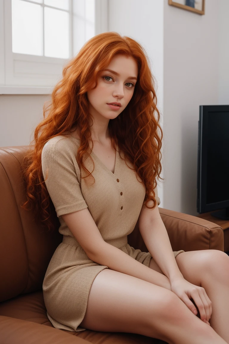 (fille:1.2),alone, (long curly ginger hair:1.1), Brown eyes, , sitting on a sofa, in front of the TV, , French men&#39;s team jersey, photos,real,