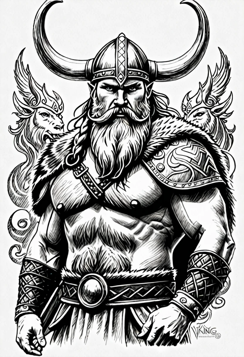 Create a black and white Viking pointillism tattoo referencing war and sacrifice in pointillism