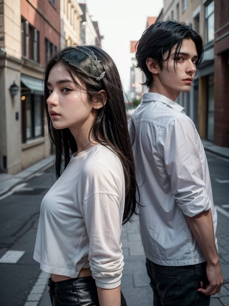 MAN with black hair and brown eyes, around 20 years old, very attractive, wearing a white shirt without tattoos, with a beautiful profile with green eyes and a winged woman, both of whom appear to be of American nationality and with their backs to a woman with black hair and dark brown eyes and She has a gun behind her and she sees him with kind eyes, her hair flies and when the two of them don't look at each other, you can only see the middle of the body above, the two of them have their backs to each other and she has a red dress, the two of them are approximately 20 years old and I repeat she has a gun behind her the two have their backs to each other