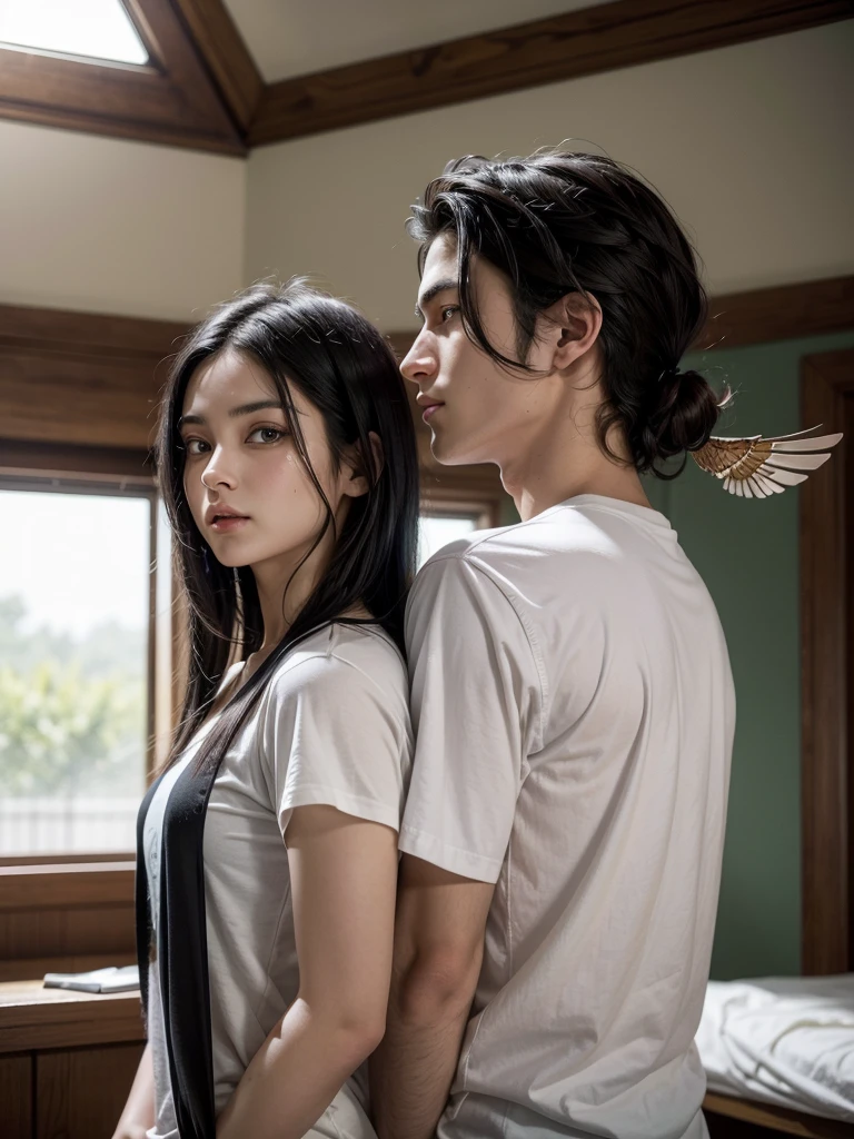 MAN with black hair and brown eyes, around 20 years old, very attractive, wearing a white shirt without tattoos, with a beautiful profile with green eyes and a winged woman, both of whom appear to be of American nationality and with their backs to a woman with black hair and dark brown eyes and She has a gun behind her and she sees him with kind eyes, her hair flies and when the two of them don&#39;t look at each other, you can only see the middle of the body above, the two of them have their backs to each other and she has a red dress, the two of them are approximately 20 years old and I repeat she has a gun behind her the two have their backs to each other