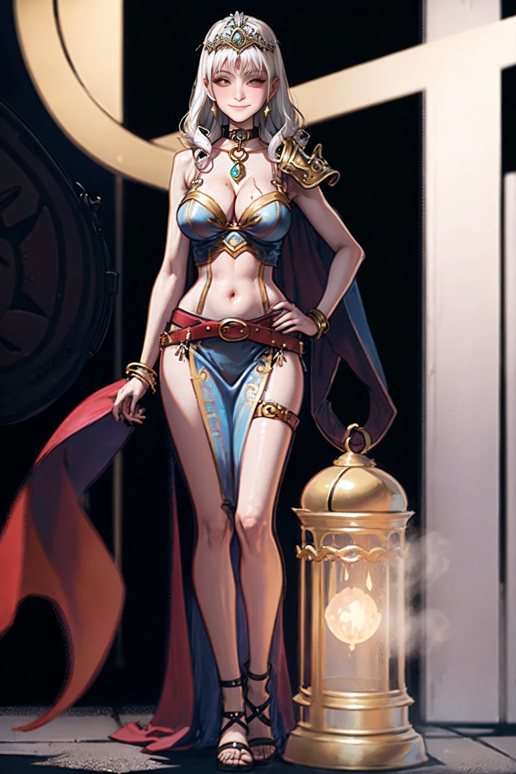 (Cassia Orsellio colored skin) ((BLACK BACKGROUND,1:2, masterpiece)) full body MILF BIMBO standing with two long thighs and two metal sandals, red eyes, two-tone hair, brown hair, silver white hair, short bob style hair, big breasts, cleavage, separate sleeves, tiara royal, long cape up to two feet, yellow bikini, hands on waist, navel, toned body, lustful smirking smiling, smile face (red blushed, red cheeks), metal shoulders, gold sleeveless armbands, black leather choker slave collar (leather choker with big golden bell), shackle bracelets, red crest, pauldrons, breastplate, leather corset, eye focus, full body, whole body, 1solo, loincloth standing, hands on hips, big belt, view from below, feet together, bracers, tiara)