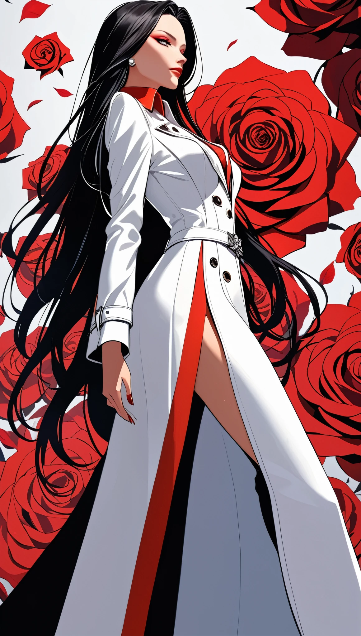 ((masterpiece, best quality)),(illustration),(detailedLight),((Extremely exquisite and beautiful)),in style of Thierry Mugler,Character design illustration,1 Girl,Black long trench coat,White shirt,Red Collar Festival,Fingers combing long hair,Silver long hair,Messy rose flower silhouette background,Cowboy perspective,Shot from below,Stretch shot,Deep sharp focus,