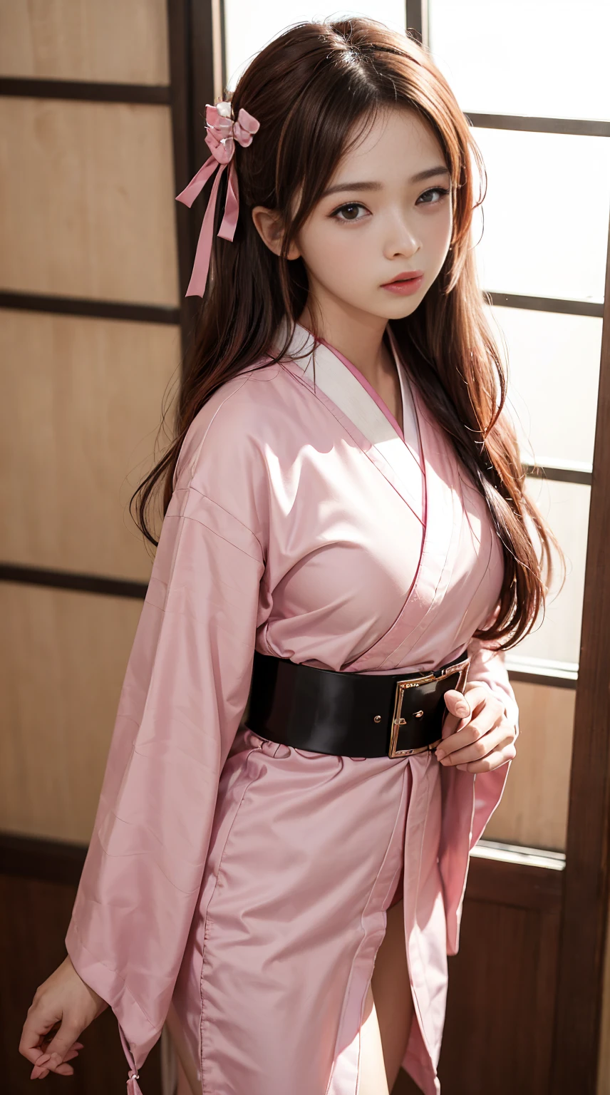 Masterpiece, Best Quality, High Resolution, Venus1, 1Girl, Solo, Tsuko Kamato, Bamboo, Gag, Hair (brown), Plaid Belt, Gag, Gag, Gradient Hair, Hair Ribbon, Haori, Japanese Clothing, Very Short Kimono, Long Hair, Looking at the Audience, Multicolored Hair, Pink Eyes, Very Short Pink Kimono, Pink Ribbon, Ribbon, Solo, (((Masterpiece)), Forehead, Sitting, Cute puffing cheeks, Angry, Eyes wide, hips very wide, thighs very thick